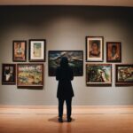 woman in black coat standing in front of paintings