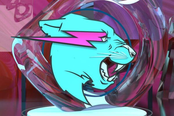 A blue panther head logo with a pink lightning bolt